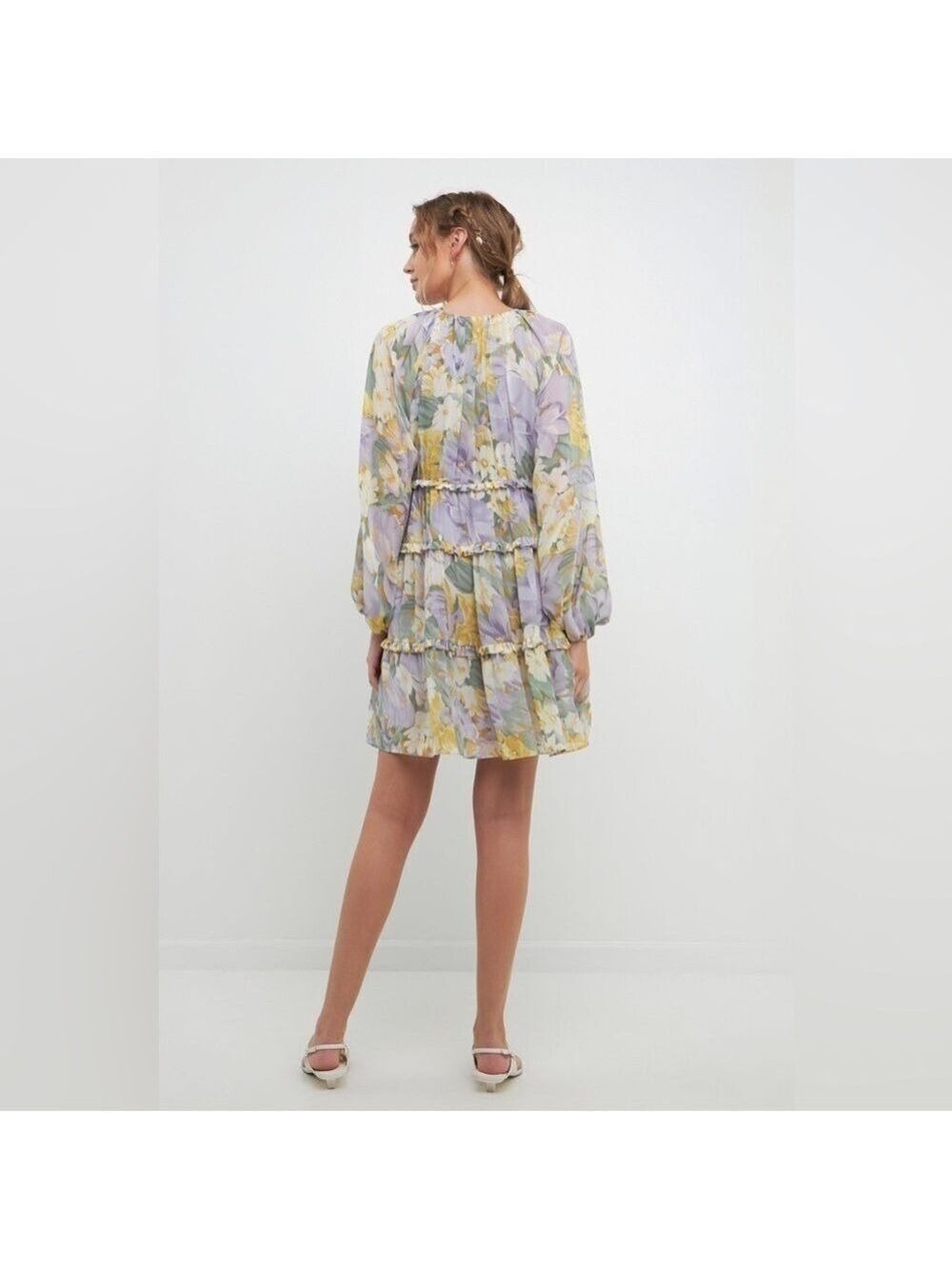Free The Roses Voluminous Flowy Floral Mini Dress with Long Sheer Puff Sleeves - Picture 3 of 14